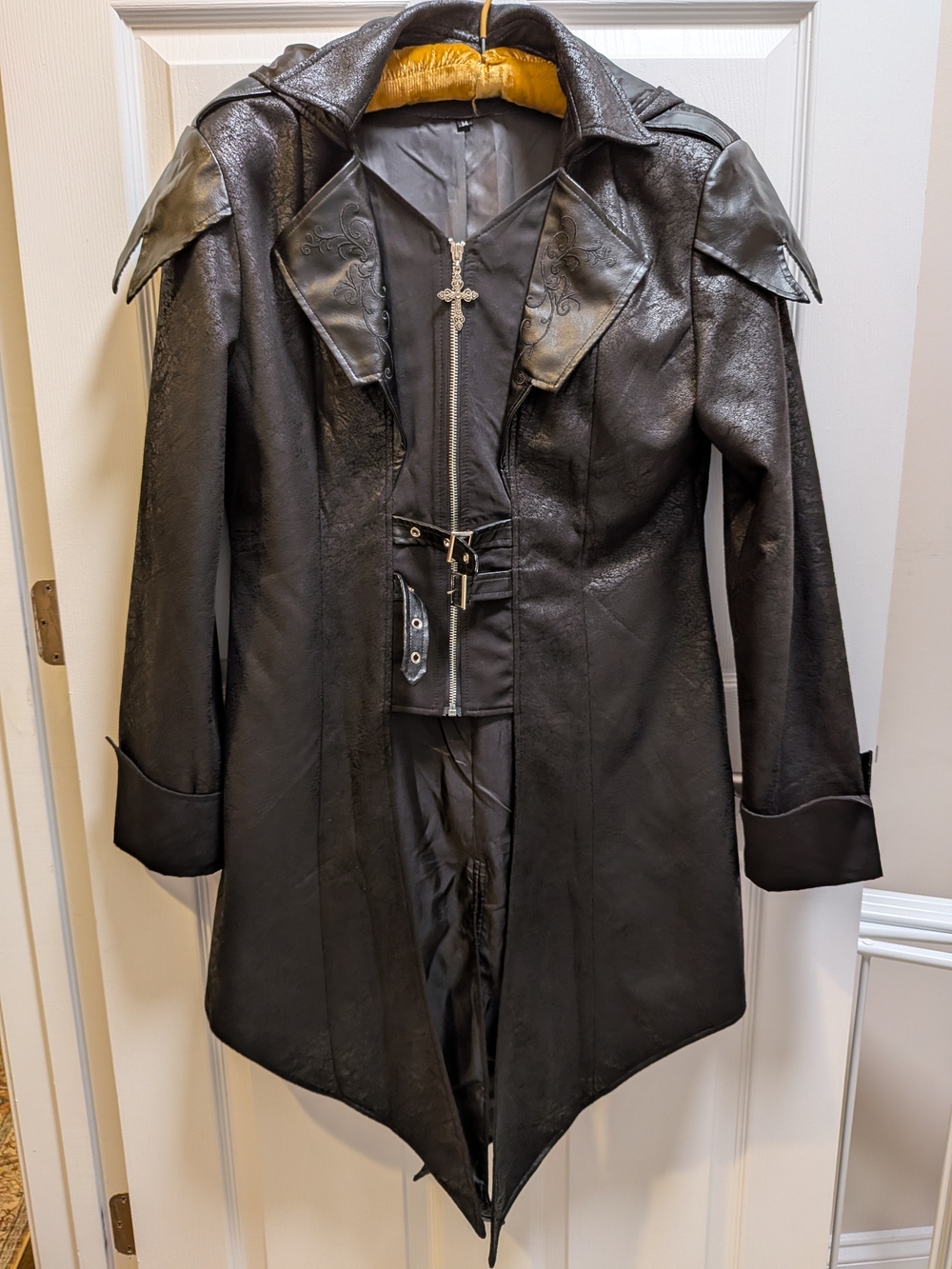 Men's Black Long Gothic Trench Coat with Cross Zipper Size M